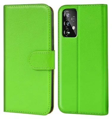 A green book-style phone case is shown from the front and back.
