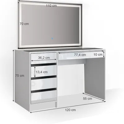 A white vanity table with a large LED mirror, showcasing dimensions.