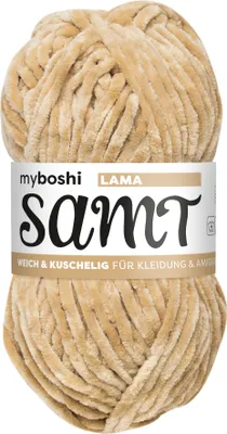 A ball of beige chenille yarn with a label.
