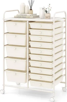 A white rolling storage cart with 15 drawers is shown against a white background.
