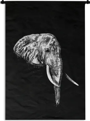 Produktbild von MuchoWow® Wandteppich Wandbehang Illustration Elefant vor schwarzem Hintergrund - schwarz und weiß 60x90 cm Tapisserie Dekoration Wandtuch - Foto-Teppich - Abwaschbar