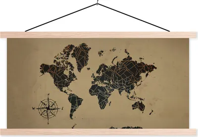Produktbild von MuchoWow® Textilposter Weltkarte - Formen - Windrose 120x60 cm mit holzfarbenen Rahmen - Klemmleiste