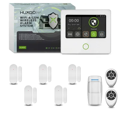 Image de Système d'alarme HUXGO Wi-Fi GSM 4G, kit comprenant 1 détecteur de mouvement et 5 capteurs de porte, application HXA502