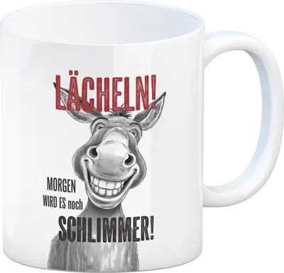 Produktbild von Grinsender Esel - Lächeln Morgen wird es schlimmer Kaffeebecher