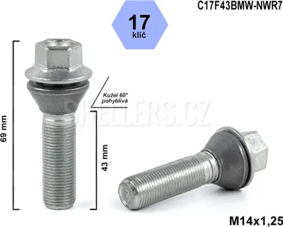 Obrázok produktu pre Skrutka kolesa M14x1,25x43 s pohyblivým kužeľom, kľúč 17, C17F43BMW-NWR7, výška 69 mm