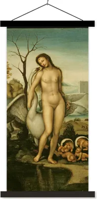 Produktbild von MuchoWow® Textilposter Leda und der Schwan - Leonardo da Vinci 60x120 cm mit schwarzem Rahmen - Magnete