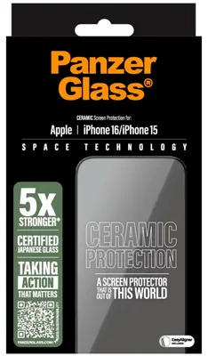 Produktbild von PanzerGlass ® Ceramic Displayschutz iPhone 16 | 15 | Ultra-Wide Fit m. EasyAligner, Apple, Apple - iPhone 16, Apple - iPhone 15, Trockene Anwendung, Kratzresistent, Schockresistent, Transparent, 1 Stück(e)