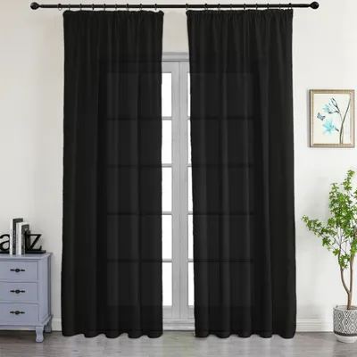 Produktbild von 2 Stück Vorhang Gardinen mit Kräuselband halbtransparent 140x245cm Vorhänge Gardine Schal Doppelpack Schwarz 2 Stück