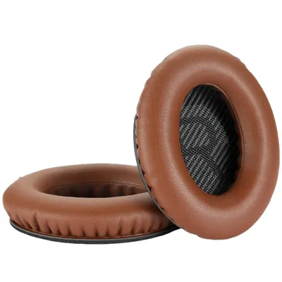 Two brown headphone ear pads are shown against a white background.