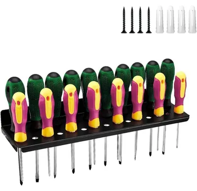 Productafbeelding van Gereedschapshouder voor wandmontage, 25 gaten, koolstofstaal, zwart, schroevendraaierhouder, 35 cm, inclusief schroeven