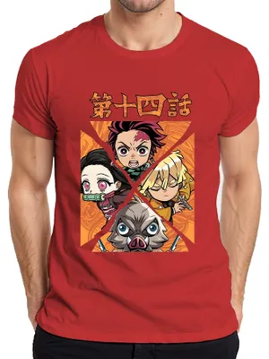 Zdjęcie produktu dla Koszulka męska Kimetsu no Yaiba Tanjiro Nezuko Zenitsu Inosuke Chibi Gift, czerwony, M