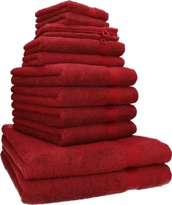 Zdjęcie produktu dla Zestaw ręczników premium Unyqoos® składający się z 12 elementów, wykonany w 100% z bawełny – 2 ręczniki pod prysznic, 4 ręczniki, 2 ręczniki gościnne, 2 myjki, 2 ręczniki do mycia twarzy, kolor: rubinowy