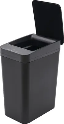 A black automatic trash can with its lid open, shown from a slightly elevated side angle against a white background.