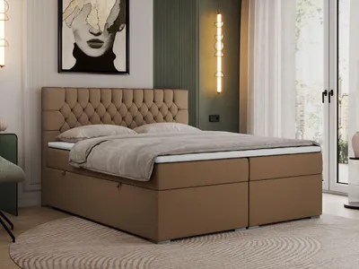 Produktbild von Boxspringbett 140x200 mit Matratze und Topper, Boxspringbett 140x200 mit Bettkasten und Kopfteil - PERA - 140x200 - Braun - Kunstleder - H4