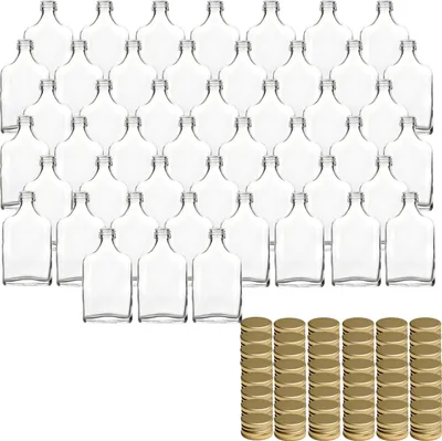 Produktbild von gouveo 48er Set Glasflaschen 40 ml Flachmann mit Schraubverschluss goldfarben - Mini Flasche 0,04 l zum Befüllen - Glasfläschchen für Likör, Whisky, Schnaps oder zum Basteln