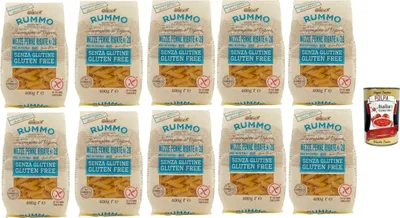 Produktbild von Rummo Pasta Nudeln Glutenfreie Mezze Penne Rigate N° 28, Bronze Gezeichnete gluteinfrei, perfekt für Menschen mit Zöliakie oder Glutenunverträglichkeit, 10x 400 g + Italian Gourmet polpa 400g