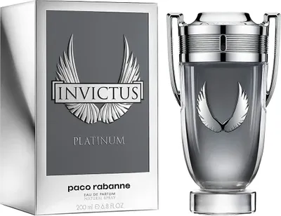 A product shot of Paco Rabanne Invictus Platinum Eau de Parfum for Men, showing both the perfume bottle and its packaging.