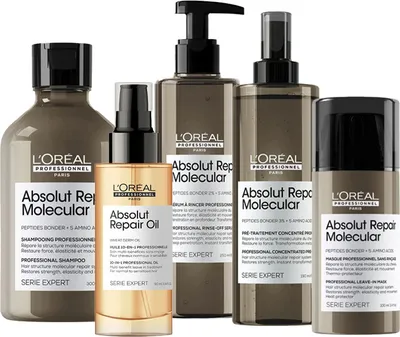 Obrázek produktu pro L'Oréal Professionnel Absolut Repair Molecular: Šampon 300ml + Sérum 250ml + Maska 100ml + Ošetření 190ml + Olej 90ml