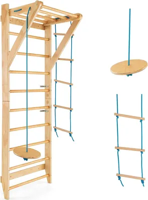 A wooden indoor climbing frame with various accessories, including a rope ladder and a wooden disc swing, displayed against a white background.
