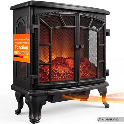 Image de DEUBA® Cheminée électrique effet flamme LED double porte 2000W 2 niveaux de chauffage minuteur radiateur chauffant cheminée décorative noir