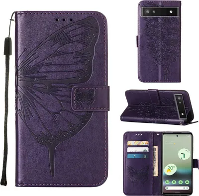 Produktbild von Google Pixel 6A Hülle, Schmetterling Prägung Flip Leder Kartenfächer Schutzhülle Ledertasche mit Ständer für Google Pixel 6A Lila