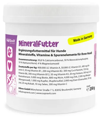 Produktbild von Supravit Mineralfutter Hund | Premium Nahrungsergänzungen & Vitamine für Hunde 250g | BARF Ergänzung & tägliche Mineralstoffversorgung