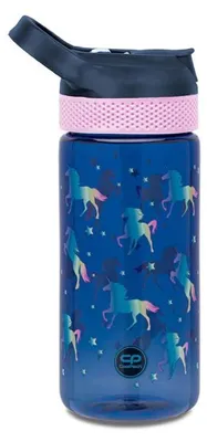A blue water bottle with a unicorn pattern and a pink rim.