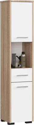 Zdjęcie produktu dla 3xEliving KORALIA wysoka szafka łazienkowa z 6 przegrodami i 2 drzwiczkami w kolorze dąb sonoma/biały 140x30x30