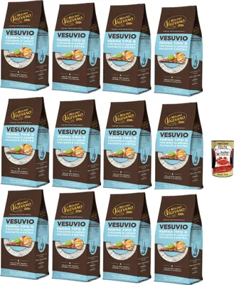 Produktbild von Molino Vigevano Farina Typ "0" Mehl, Vesuvio für hohe, weiche neapolitanische Pizza. 12 Packung mit 500 g + Italian Gourmet polpa 400g