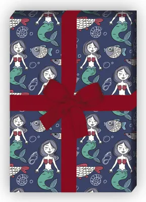 Produktbild von Retro Geschenkpapier mit kleiner Seejungfrau und Fischen auf blau - G7535, 32 x 48cm