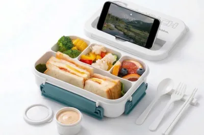 Produktbild von Brotdose mit Fächern 1300ml – Große Lunchbox Erwachsene & Kinder mit 4 Unterteilungen, Bento Box Mikrowellengeeignet, Jausenbox Vesperbox für Schule