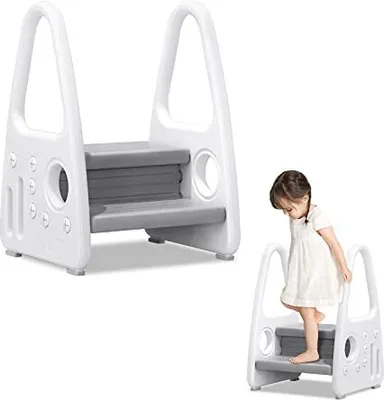Produktbild von NAIZY Kinder Tritthocker Kinderschemel Kinder Trittschemel 2 stufiger Lernturm mit Anti-Rutsch-Funktion, für Kinderzimmer, Küche und Badezimmer (Grau)