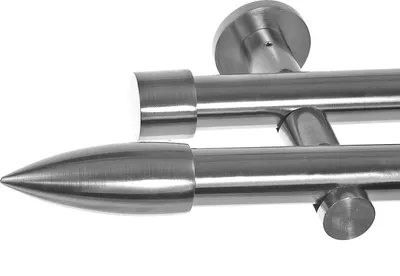 Close-up of a double curtain rod with finials and brackets.