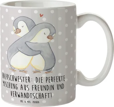 Produktbild von Mr. & Mrs. Panda Kaffeetasse Halbschwester Glück - Grau Pastell - Geschenk, einzigartige Designs, Tasse mit Spruch, Geschwisterbeziehung, Freundin, Patchworkfamilie