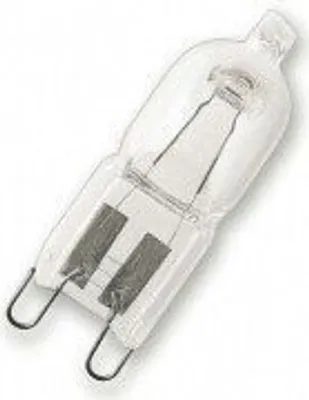 A studio shot of a halogen light bulb against a white background.
