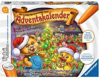 The image shows the packaging of a Ravensburger tiptoi Advent calendar with cartoon characters.