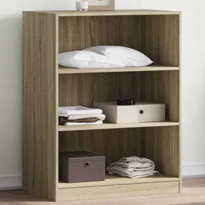 A three-shelf wooden cabinet with items on each shelf.