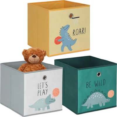 Image de Lot de 3 Relaxdays, boîtes de rangement pour enfants, jolis motifs dinosaures, boîtes pliables pour étagères à cubes, dimensions : 30 x 30 x 30 cm, tissu, multicolores