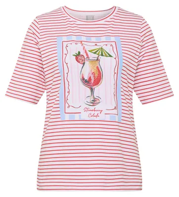 Produktbild von Rabe Damen T-Shirt Koralle Gr. 48 mit Rundhalsausschnitt, Streifenmuster und Cocktail-Print