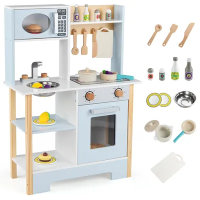 Produktbild von KOMFOTTEU Kinder Spielküche, Holzküche mit Kochgeschirr-Zubehör, Mikrowelle, Wasserspüle, Ofen & Herd, Spielzeugküche, Puppenküche, Kinderküche mit Stauraum für Kleinkinder ab 3 Jahren