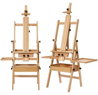 Produktbild von Staffelei Malstaffelei Künstlerstaffelei - Massivbuche - Höhenverstellbar 128 bis 205 cm - Mit Ablagefach - Für Leinwände bis 119 cm