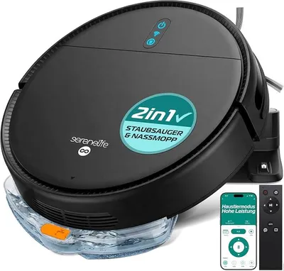 Productafbeelding van Robotstofzuiger met dweilfunctie, 700Pa zuigkracht, 3-in-1 stofzuig- en dweilrobot, stofzuiger met app-bediening, robotstofzuiger met valdetectie – ideaal voor dierenharen en tapijten, zwart