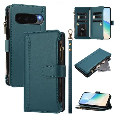 Image de Étui pour Google Pixel 9/Pixel 9 Pro, zippé, portefeuille étui à rabat en cuirPolyuréthaneavec poches pour cartes, support et boucle pour la main vert