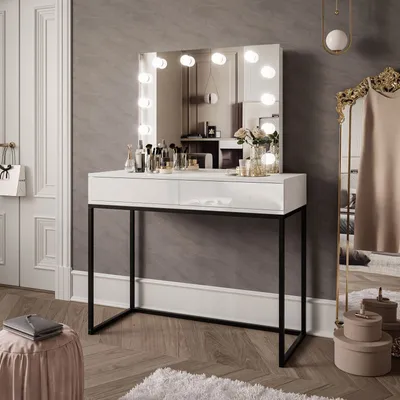 Produktbild von Schminktisch BLANCO LOFT ELITE mit Spiegel und Beleuchtung weiß Hochglanz mit schwarzem Gestell