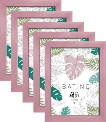 A set of five pink picture frames with a tropical leaf pattern inside, arranged in a staggered formation.