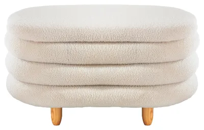 A white, textured ottoman with wooden legs, presented against a white background.