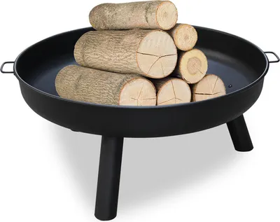 A black metal fire pit filled with logs, shown on a white background.