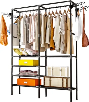 Produktbild von Kleiderständer 173x36x108 cm Großer Kleiderschrank mit 2 Stangen & 6 Regale Schwarz 22671