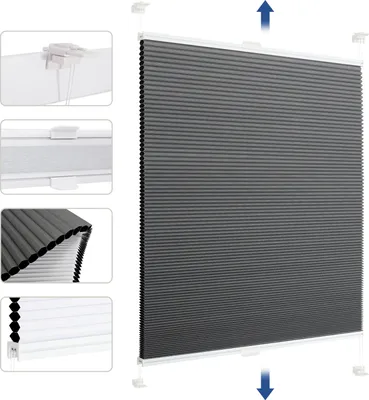 A collage of images showing a gray pleated blind with close-up views of its mounting hardware and folded structure.