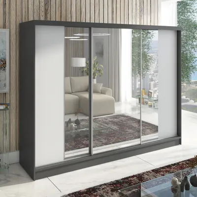 Produktbild von Schwebetürenschrank, 3 -türig Schrank 200 cm mit Spiegel VIDA (Graphit, Weiß  )